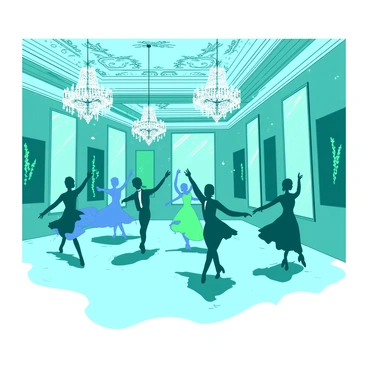 A large grand ballroom with an elegant, ornate ceiling adorned with intricate patterns. The floor is polished and reflects the soft light of crystal chandeliers hanging above. Silhouettes of spectral dancers, dressed in flowing gowns and classic suits, are twirling gracefully across the dance floor. Each dancer appears to be in mid-motion, with delicate expressions and ethereal features. The walls are lined with towering mirrors that amplify the visual spectacle of the dancers, creating a dreamlike atmosphere. The colors of the scene are a blend of soft teal and deep blue.