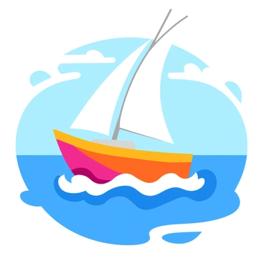 A colorful sailing boat with a white sail is gliding smoothly across a shimmering blue body of water. The hull of the boat is sleek and streamlined, reflecting the sunlight as it cuts through the gentle waves. The water around the hull has small ripples, emphasizing the reduced friction between the boat and the surface. In the background, there is a clear sky with a few fluffy white clouds, adding to the vibrant atmosphere of the scene.