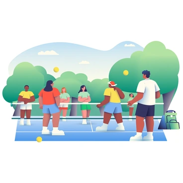 A tennis academy surrounded by green trees and a clear blue sky is depicted. In the foreground, several students with varying skin tones are practicing their serves on a bright blue tennis court. Each student is wearing different athletic outfits, including shorts and t-shirts in vibrant colors like yellow, red, and blue. A coach with dark hair, wearing a white polo shirt and black shorts, stands near the net, providing instruction and encouragement. Tennis balls are scattered around the court, and a nearby bench is visible with tennis bags resting on it. The atmosphere is focused and energetic, with the sun shining brightly overhead.