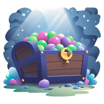 A large, ornate treasure chest made of dark wood is overflowing with vibrant, shiny hydrapples, which have a mix of deep purple and bright green colors. The chest is situated in a hidden cave, surrounded by rough, rocky walls embedded with glimmering crystals. Soft beams of light filter through small openings in the cave ceiling, illuminating the hydrapples and casting reflections on the chest. The ground is covered with small pebbles and patches of moss, creating a rich contrasting texture against the wooden chest. Some hydrapples have rolled out of the chest and scattered onto the cave floor.