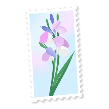 A postage stamp design showcasing a "gladiolus flower" in vibrant hues. The flower is depicted with tall, slender stems holding multiple blooms in an array of colors, such as pink, purple, and white. Each petal of the "gladiolus" is illustrated with fine details, showcasing its elegant shape and texture. The background of the stamp features soft gradient pastel colors that complement the flower, enhancing its visual appeal. The edges of the stamp are neatly perforated, giving it a traditional postage stamp look.