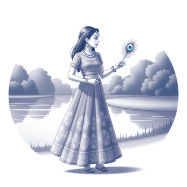 A traditional Indian girl stands elegantly by a lake, wearing a colorful lehenga with intricate patterns. Her hair is beautifully adorned with traditional accessories. She gently holds a peacock feather in her right hand, showcasing its vibrant eye-like patterns. The lake reflects the surroundings, with soft ripples visible on the surface. In the background, lush greenery frames the scene, adding depth to the composition. The sky above is clear, creating a sense of calm and tranquility.