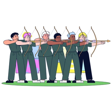 A squad of archers in matching uniforms, readying their bows for a team event