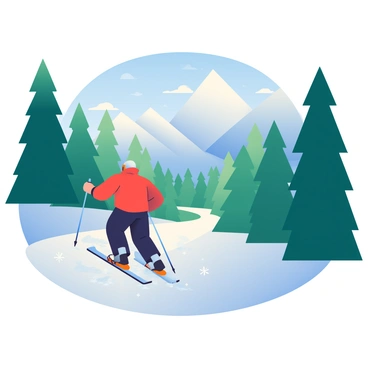 A rugged wilderness trail is depicted, with dense evergreen trees lining both sides of the path. In the foreground, a lone ski-biker is navigating the trail on a snow-covered surface. The ski-biker is wearing a bright red jacket and black snow pants, and they are equipped with specialized winter biking gear. Snowflakes are gently falling around them, creating a wintery atmosphere. In the background, towering mountains are visible, dusted with snow, under a clear blue sky. The trail curves ahead, inviting further exploration into the untouched wilderness.