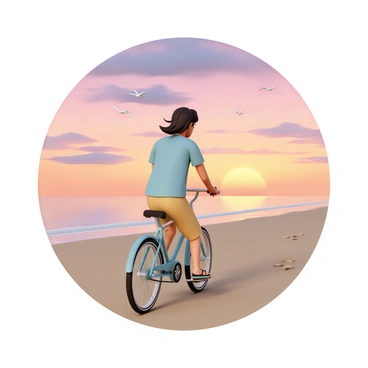 A person, wearing a light blue t-shirt, khaki shorts, and flip-flops, is riding a vintage cruiser bicycle. The bicycle has a classic design with wide handlebars and a comfortable seat. The sandy beach stretches out on either side, with gentle waves lapping at the shore. The sky is filled with vibrant colors of orange, pink, and purple as the sun sets on the horizon. The person's hair is flowing in the warm breeze, and there are small footprints in the sand leading up to the water. In the distance, a few seagulls fly overhead against the colorful sky.