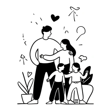 A family consisting of two adults and two children stands together in a close embrace. The adults are wearing casual clothing, while the children are dressed in playful attire. Surrounding them are small details like a heart shape created by their arms and an abstract pattern symbolizing warmth, such as radiating lines or soft curves. The background suggests a home environment with simple outlines of furniture and a cozy atmosphere, emphasizing the familial bond.
