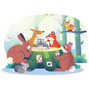 A group of five animals is gathered around a large, moss-covered stump in a vibrant forest. On the stump, a set of playing cards is spread out, with a few cards half-turned to display their ranks. A brown rabbit with long ears is sitting on its haunches, intently looking at the cards. Next to it, a gray squirrel is leaning forward, its bushy tail curled around its feet. A curious deer with large, gentle eyes is watching the game from behind a tree, while a cheerful red fox is grinning, holding a card in its mouth. Lastly, a wise old owl perches on a low branch nearby, observing the game with interest. Sunlight filters through the leaves, casting dappled shadows on the ground.