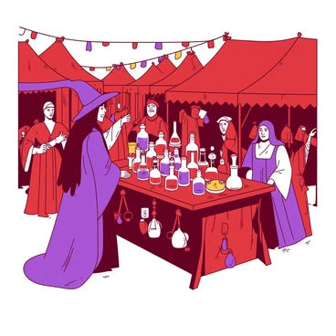 A red medieval market scene bustling with activity, where a witch stands behind a wooden stall filled with colorful bottles of potions and various charms. The witch has a long, flowing purple robe and a pointed hat, while her long hair cascades down her back. Curious villagers, dressed in traditional medieval attire, gather around her stall, admiring the vibrant potions displayed on the wooden table. Some villagers hold bags made of burlap, while others point at the charms hanging from the stall. In the background, market tents and stalls create a lively atmosphere filled with colorful banners and awnings.