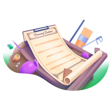 A close-up view of an "ancient-looking contract" laid out on a wooden table at an archaeological dig site. The contract features faded, handwritten text and ornate borders. Surrounding the contract are various "artifacts," including a decorative pottery shard, a small bronze figurine, and a weathered scroll, each partially buried in the sandy ground. In the background, there are brushes and tools scattered around, signifying ongoing excavation efforts. Natural light casts gentle shadows across the scene, highlighting the textures of the artifacts.