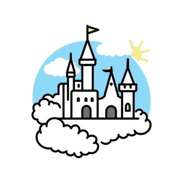 A castle with tall spires and intricate towers, made of white stone, floating among fluffy clouds in the sky. The castle features large, arched windows and elegant balconies, with banners gently fluttering in the breeze. The clouds surrounding the castle are soft and white, casting subtle shadows on the castle's walls. The sky is a pale blue, with hints of warm sunlight breaking through the clouds.