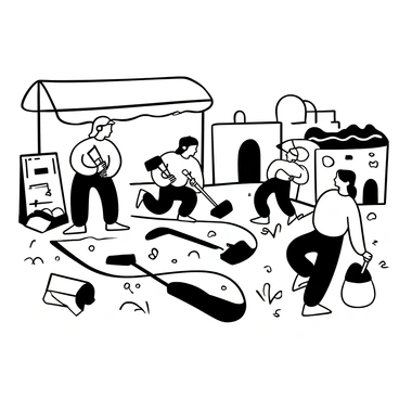 A group of researchers crouching at an archaeological dig site, carefully uncovering "ancient artifacts" from the earth. Shovels, brushes, and trowels are scattered around them, along with notes and sketches on a clipboard. The ground is uneven and dusty, revealing layers of soil. In the background, there are partially exposed structures, hinting at the remnants of an ancient civilization. A large canvas tent provides shade to the area, and various tools are organized on a nearby table.