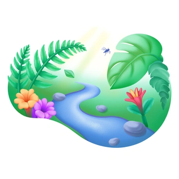 A small, winding stream flows gently through a lush, green rainforest floor. The water sparkles under dappled sunlight, reflecting shades of blue and silver. Surrounding the stream are vibrant green ferns and large tropical leaves, adding depth to the scene. In the foreground, colorful flowers in shades of red, yellow, and purple bloom, contrasting with the greenery. A few smooth stones are scattered along the water’s edge, and small insects can be seen flitting above the surface of the stream.