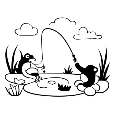 A frog sitting on a lily pad at the edge of a pond, holding a fishing rod with one hand. The fishing line extends into the water, creating gentle ripples. Tall reeds and water plants surround the pond, adding texture to the scene. The sky above is filled with wispy clouds, creating a tranquil atmosphere.
