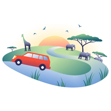 A car silhouette is positioned on a winding safari trail, surrounded by tall grasses that sway gently. In the distance, several wildlife silhouettes are visible: a majestic giraffe stands tall next to a cluster of acacia trees, while a group of elephants is seen walking gracefully. The sun is setting, casting a warm glow that outlines the animals and car against the horizon. A few birds can be spotted flying above, their outlines sharp against the colorful sky.