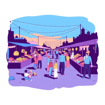 A blue sky transitions to a soft orange hue as dusk falls over a lively marketplace. Colorful stalls, adorned with vibrant fabrics and decorations, line the pathways. Each stall showcases various goods, including fresh fruits, handmade crafts, and aromatic spices. Groups of people browse the stalls, some engaged in conversation, while others examine the merchandise. The warm glow of string lights above illuminates the scene, casting a welcoming ambiance over the bustling crowd. A few children play nearby, adding to the lively spirit of the marketplace.