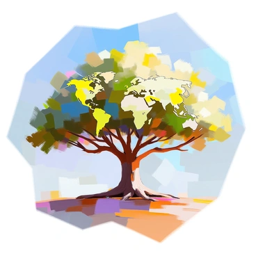 A large, broad tree with a sturdy trunk and thick branches extends wide. The leaves on the tree are uniquely shaped like various continents, such as Africa, Asia, Europe, North America, South America, Antarctica, and Australia. These continent-shaped leaves are vibrant in color, depicting lush greens and earthy tones. The tree stands confidently against a clear blue sky, with sunlight filtering through the leaves, casting playful shadows on the ground below. The setting conveys a sense of harmony and connection among the continents, symbolizing global unity.
