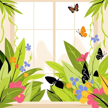 An indoor butterfly garden filled with an array of tropical plants including large green leaves, vibrant flowers, and climbing vines. Numerous butterflies of various species are fluttering among the plants, showcasing bright colors like orange, blue, yellow, and black. Some butterflies are perched delicately on the flowers, while others are in mid-air, their wings open wide. Sunlight streams through large windows, creating a warm atmosphere and casting soft shadows on the garden floor. The scene captures the lively interactions between the butterflies and their lush surroundings.
