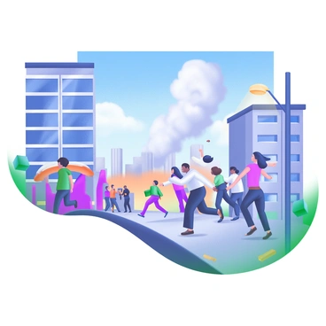 A modern pastel illustration depicting "a crowd of people running away" in a bustling urban area. The scene features diverse individuals of various ages and ethnicities, some wearing casual clothing while others are dressed in business attire. The buildings in the background are tall and modern, showcasing large windows and balconies. Above, a bright blue sky contrasts with wisps of smoke rising from a distant "explosion," creating a sense of urgency. Some people are looking back towards the explosion, while others are focused on escaping the area. A nearby streetlight flickers, and scattered debris can be seen on the ground.