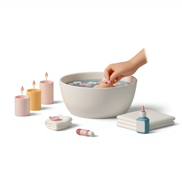 A cozy bathroom scene featuring a small foot bath filled with warm water and floating flower petals. Surrounding the foot bath are several lit candles of various heights, casting a soft glow. A hand is applying a bright red nail polish to one of the toes submerged in the water. A neatly folded towel is placed beside the foot bath, and a bottle of nail polish remover rests nearby. The atmosphere conveys a sense of tranquility and relaxation.