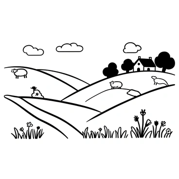 A black-and-white illustration of an English countryside landscape featuring rolling hills shaped like gentle slopes. Several sheep are scattered across the hills, grazing on the grass. In the foreground, there are clusters of wildflowers growing near a winding dirt path that leads into the distance. A quaint farmhouse with a thatched roof is visible in the background, surrounded by trees. The sky above is clear, with a few fluffy clouds drifting.