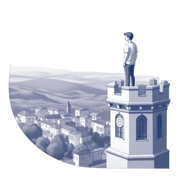 A student is standing at the edge of a university tower. The student is looking out over a landscape that includes rolling hills, tree-lined streets, and historic buildings characteristic of the Bordeaux area. The student has short hair and is wearing casual clothing. The university tower has a stone structure with arched windows and a clock face. The scene captures a sense of depth with the vastness of the landscape stretching far into the background.