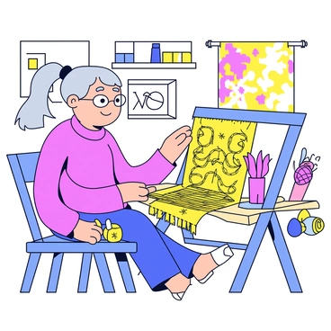 An elderly artist is sitting at a loom, focused on weaving a golden tapestry. The tapestry features intricate patterns of swirling designs and geometric shapes. The artist has gray hair tied back and wears reading glasses perched on their nose. Their hands move skillfully over the threads, with some colorful yarns nearby. The background consists of a cozy workshop filled with art supplies and vibrant fabrics.