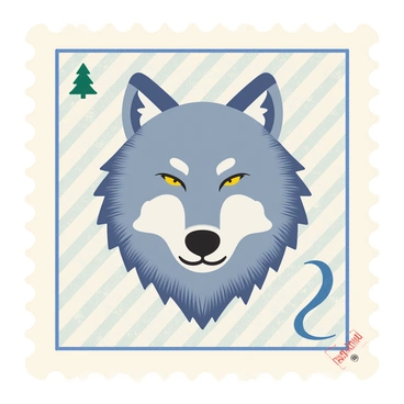 A detailed illustration of a wolf's head is centered within a decorative border that resembles a vintage postage stamp. The wolf features a thick, gray fur coat, with piercing yellow eyes and sharp, distinct facial features. The background includes subtle patterns that mimic the look of aged paper, with faded lines and intricate filigree. In the top corners of the stamp, there are small emblematic elements, such as a miniature pine tree and a crescent moon. The stamp has a faded postmark in the bottom right corner, enhancing the vintage appearance.