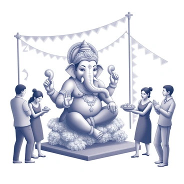 A large idol of "Lord Ganesha" is prominently featured in the center of the scene. The idol is adorned with intricate decorations, including floral garlands and vibrant offerings surrounding it. Devotees are gathered around the idol, some with hands clasped in prayer and others holding trays of sweets or flowers as offerings. There are festive decorations in the background, including streamers and banners. The atmosphere is lively, filled with expressions of devotion and celebration from the onlookers.