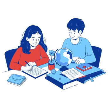 A blue and red illustration depicts two pen pals sitting at their respective desks. On the left side, a girl with long brown hair is writing a handwritten letter on a white notepad, surrounded by colorful stationery. To the right, a boy with short black hair is reading a letter with a smile, sitting near a globe and a stack of books. Each desk has a small vase with a flower, emphasizing their creativity and connection despite the distance. The letters are visible, with handwritten text and drawings peeking out from their envelopes.