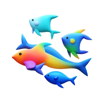 A school of fish represented by geometric shapes in bright, bold colors. Each fish has distinct, smooth lines and varying hues, forming a dynamic underwater scene. The fish swim together in a cohesive formation, with some facing upward and others downward, creating a sense of movement. The background is a solid color that enhances the vibrant appearance of the fish.