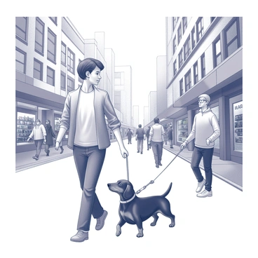 A dachshund on a leash is walking alongside its owner. The owner is a person dressed casually, holding the leash securely while looking around at the surroundings. The bustling city street is filled with pedestrians, some interacting with one another, and others focused on their own path. There are various storefronts lining the street, showcasing a variety of products. In the background, a group of tall buildings can be seen, with windows reflecting the activity below. The dachshund appears curious, its ears perked up as it explores the lively atmosphere.