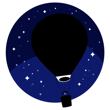 A black gas balloon is floating gently in the night sky, its shape clearly visible as a silhouette. The stars are sparkling brightly all around, creating a rich backdrop of twinkling white points of light. The balloon is positioned slightly off-center, giving the impression of movement as it ascends into the vast expanse of the dark sky.