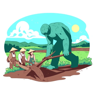 A rural golem assisting farmers by plowing fields under a sunny sky.