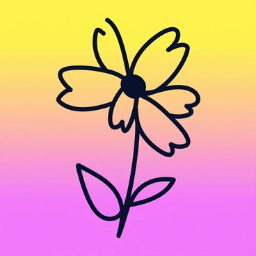 A silhouette of a flower with elongated petals and a central core is depicted in black. The background features a gradient of vibrant colors, transitioning smoothly from bright yellow at the top to deep pink at the bottom. The flower's outline is distinctive and bold, contrasting sharply with the colorful backdrop.