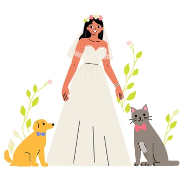 A bride wearing a beautiful white dress with intricate lace details is posing happily. She has long hair styled elegantly, with a floral crown adorning her head. Beside her is a small dog, a cute golden retriever, wearing a blue bow tie. On the other side, a fluffy gray cat stands proudly, also adorned with a red bow tie. The trio is set against a soft, nature-themed backdrop with greenery and flowers framing the scene. The bride is smiling widely, creating a joyful atmosphere in the image.
