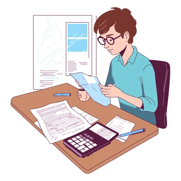 A person with short brown hair is sitting at a wooden desk covered with various tax forms and a black calculator. The person is wearing reading glasses and has a focused expression while reviewing a tax form. Next to the calculator, there is a blue pen and a small stack of papers. A coffee mug filled with a hot beverage sits on the corner of the desk. Bright sunlight streams through a nearby window, illuminating the workspace.