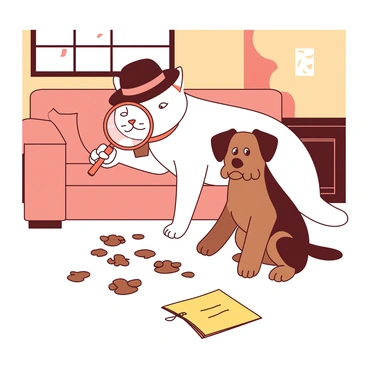 A white detective cat is wearing a small black fedora and holding a large orange magnifying glass in its right paw. The cat has a focused expression as it leans forward, closely examining the details of the scene. In front of the cat, there is a brown dog with perky ears sitting on its haunches, looking slightly nervous. The dog has a worried expression and is gesturing with its front paw. Surrounding them are various clues related to the mystery, including a scattered trail of paw prints and a small yellow notepad lying on the ground. The setting is a cozy living room with a warm ambiance.