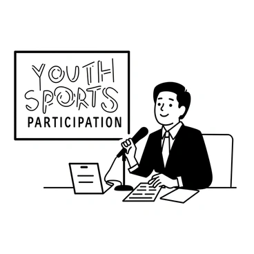 An anchor sitting at a news desk, speaking into a microphone. The anchor is wearing a professional suit and tie, with neatly styled hair. In front of him, there are notes and a tablet with information about youth sports initiatives. The background features a large screen displaying the words “Youth Sports Participation.” The anchor's expression is focused and engaging as he emphasizes the importance of the new initiatives.