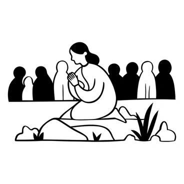A figure of John the Baptist kneeling on a rocky surface, with his hands clasped together in prayer. He is dressed in simple, loose-fitting robes that drape around him. Surrounding him are remnants of nature, like sparse grass and jagged stones. In the background, there are faint outlines of a crowd witnessing the moment, their shadows cast in stark contrast. The atmosphere is solemn, conveying the gravity of the scene.