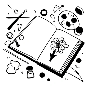 An open book lying flat on a wooden table, with its pages turned to reveal an illustration of a "gardenia" in intricate detail. Surrounding the book are various art supplies: a set of paintbrushes of different sizes, a palette with areas of different shades of black and white, and tubes of paint scattered around. A few crumpled sketches and an ink bottle are placed nearby, creating a scene of artistic activity.