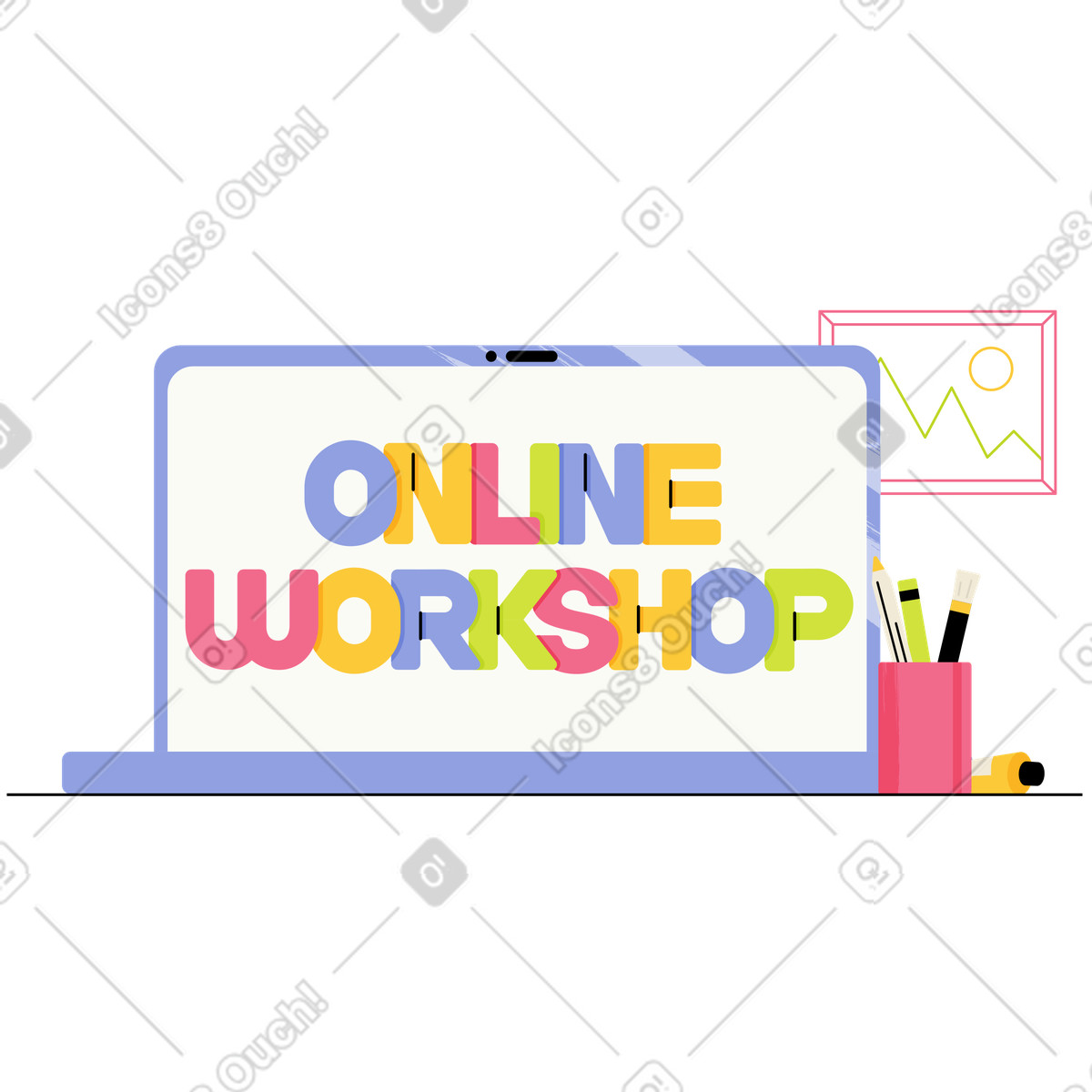 Workshop online di lettere nel computer portatile con testo in tazza matite illustrazione stile Juicy scarica PNG, SVG