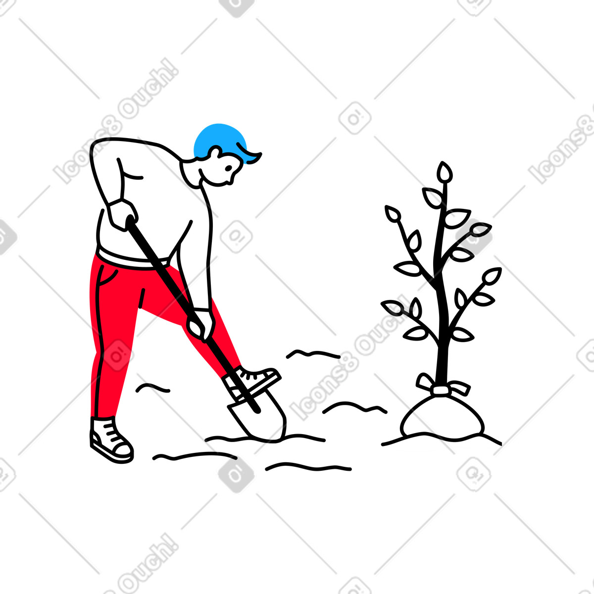 Ilustración Hombre con pala plantando un árbol en estilo Transistor a descargar en PNG y SVG