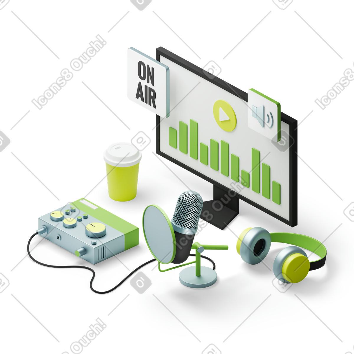 Ilustração animada de Transmissão de áudio do estúdio de podcast em GIF, Lottie (JSON), AE