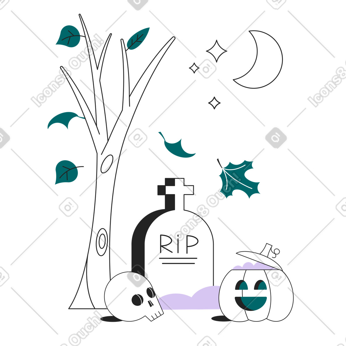Ilustración Tumba de noche halloween con calavera y linterna en estilo Sammy Line a descargar en PNG SVG