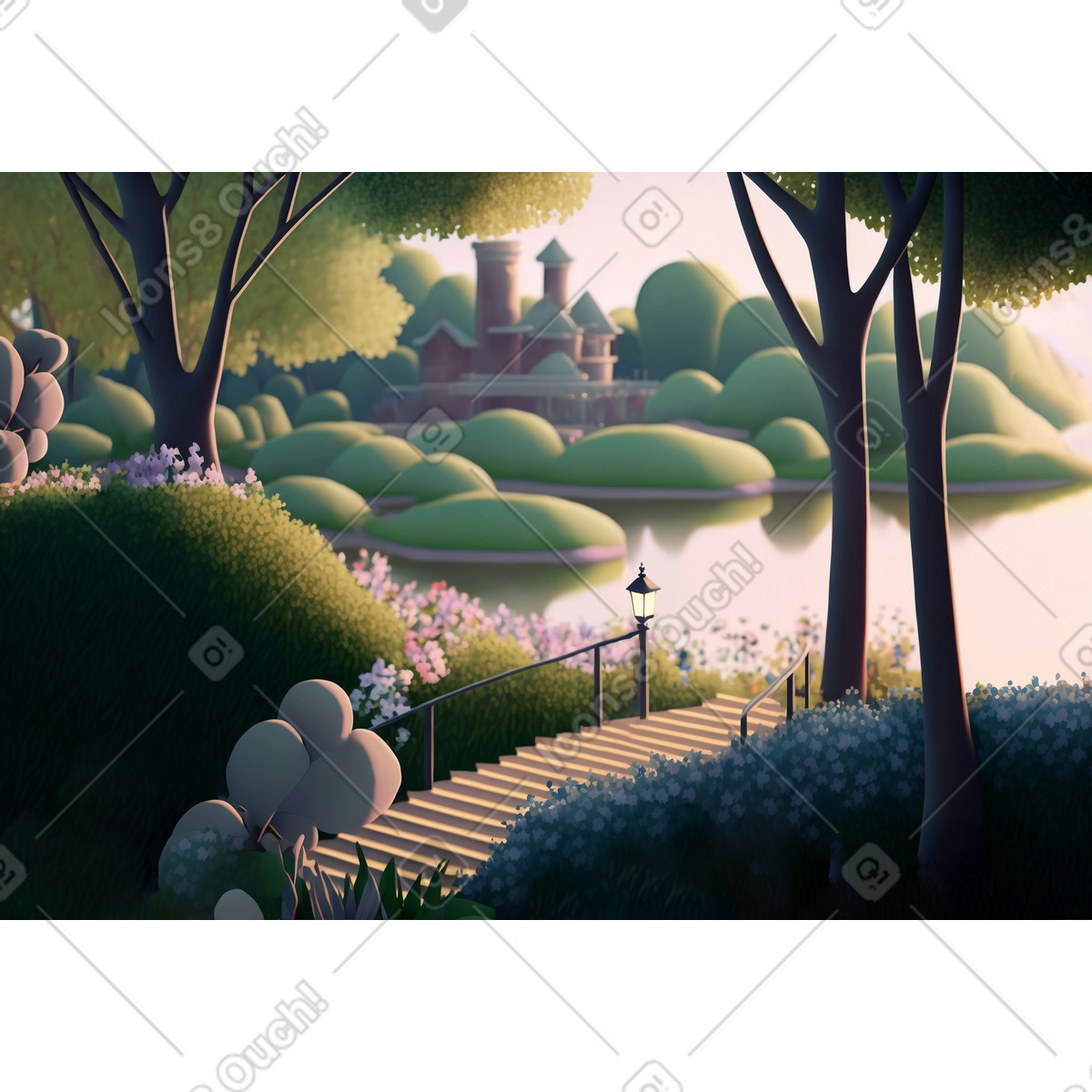 3D cartoon spring city park with lake illustration in PNG, SVG