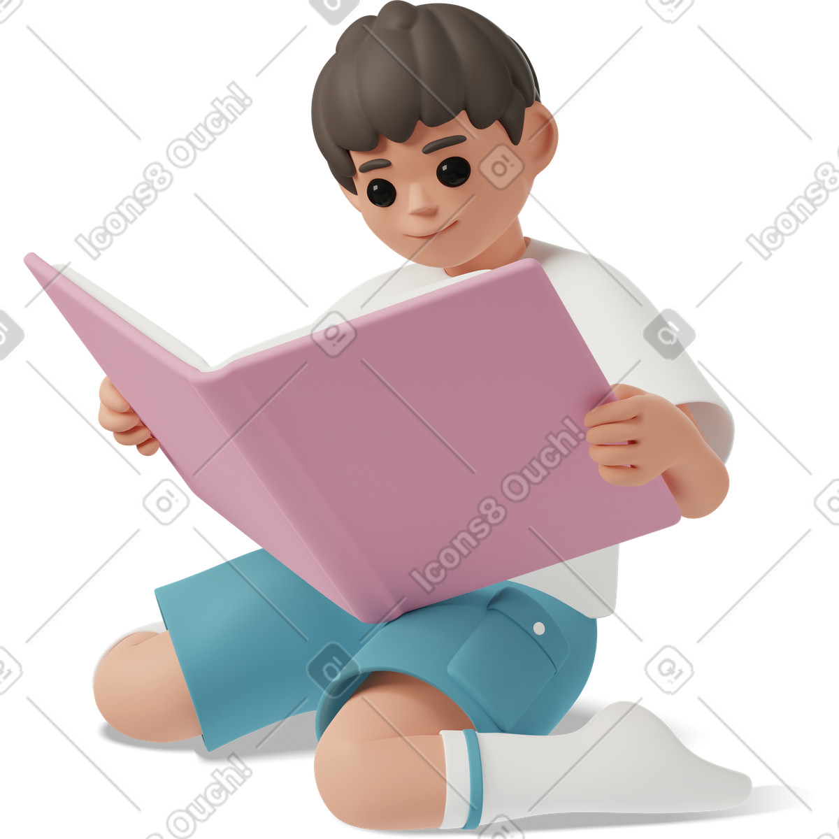Ilustração de Kid sitting on knees with open storybook, reading habit and childhood education em no estilo 3D Casual life para baixar em PNG, SVG