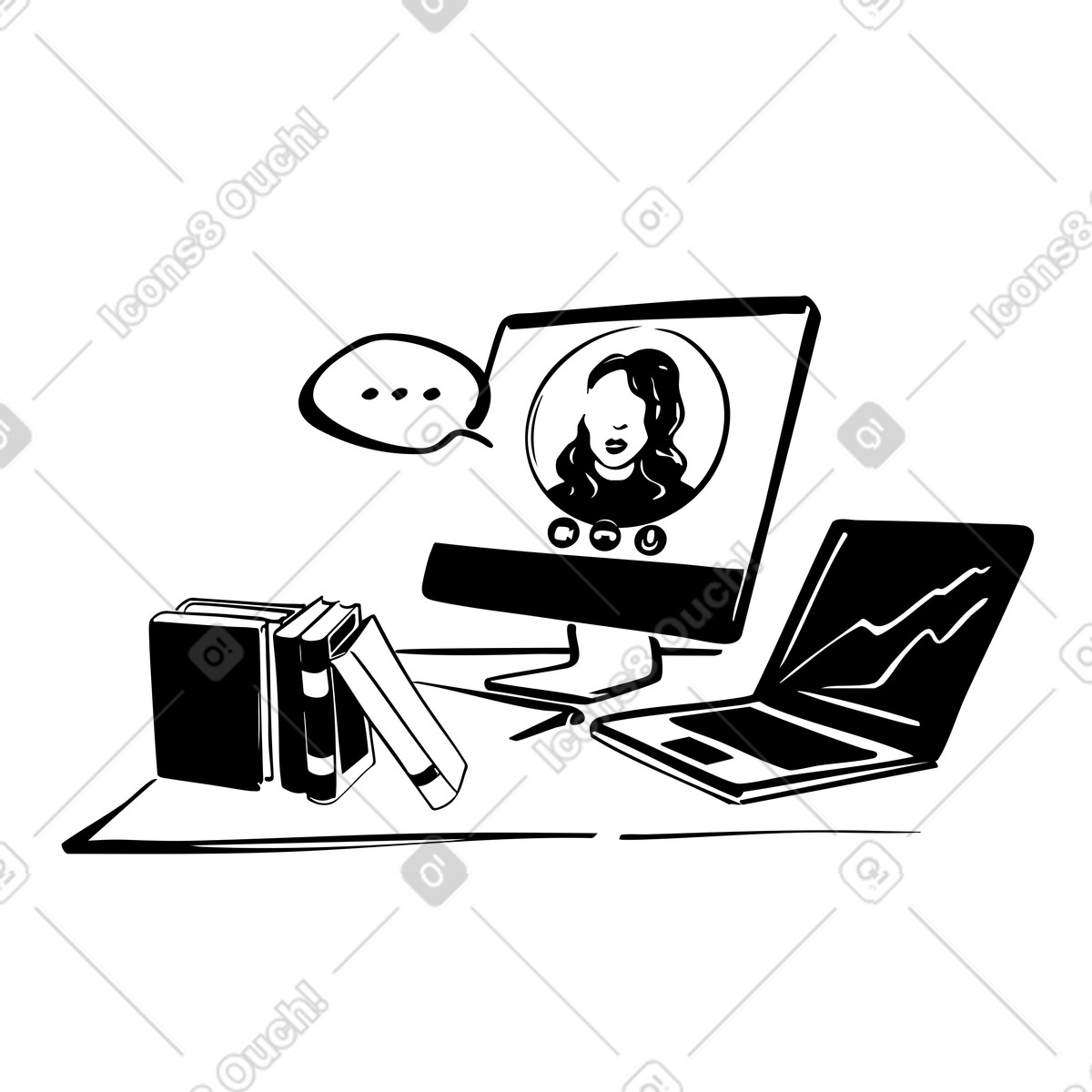 Ilustração de Chamada vídeo em monitor e laptop com gráficos financeiros, reunião remota análise dados, colaboração empresarial online. no estilo Line para baixar PNG, SVG
