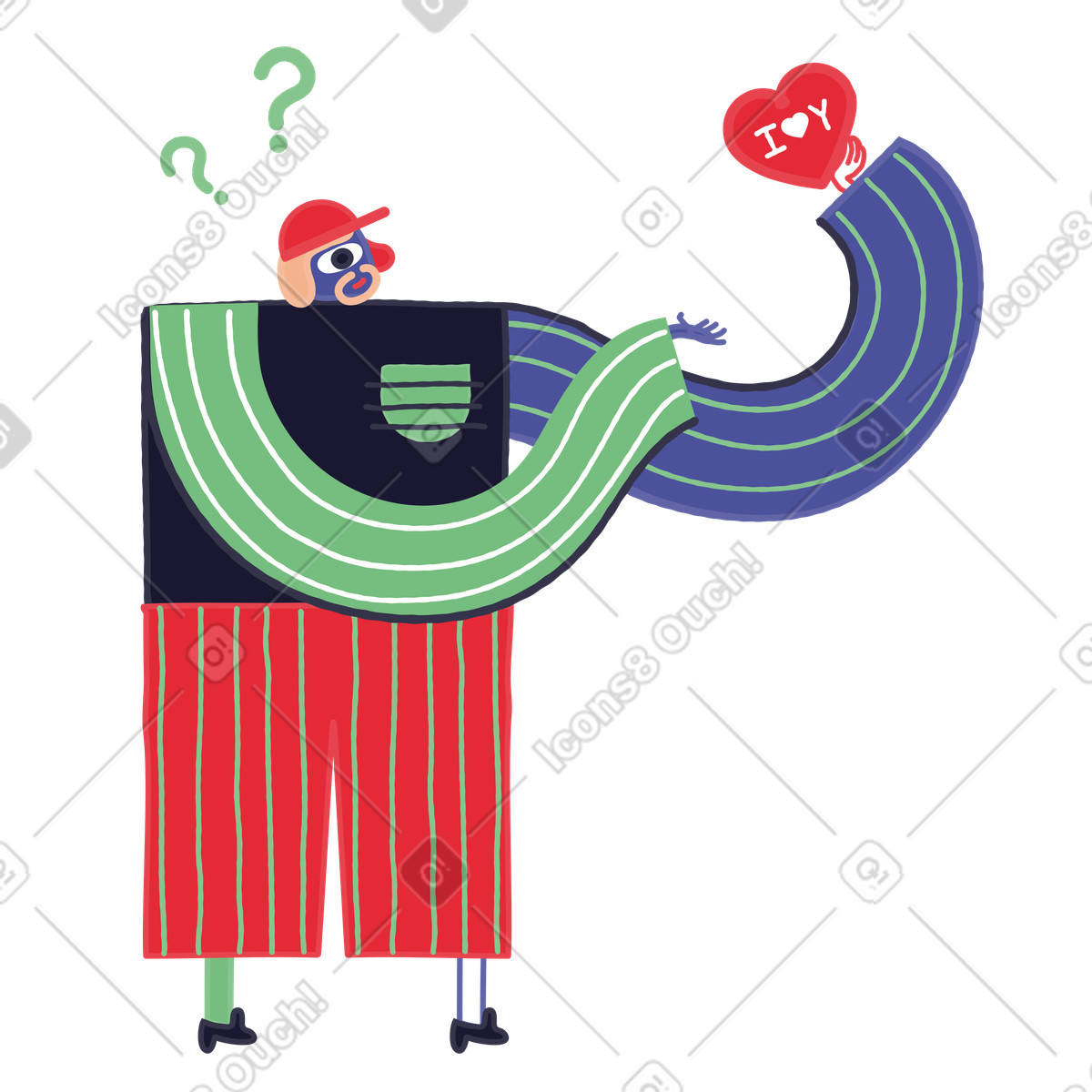Überraschter mann mit einer valentinstagskarte in der hand-Illustration im Stripy-Stil als Download PNG, SVG