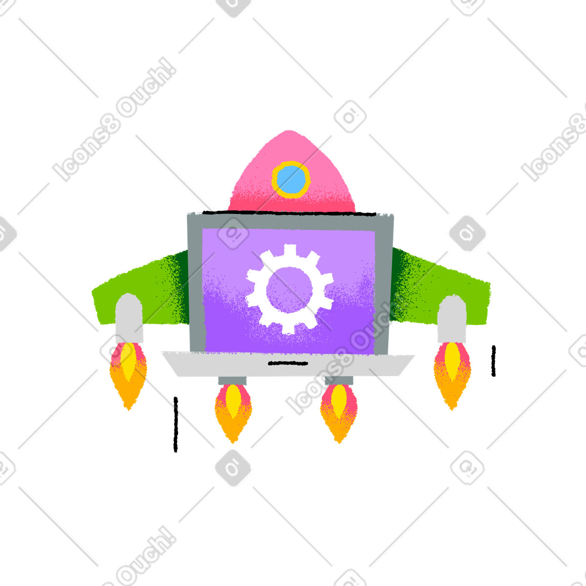 Laptop upgrading with a spaceship in the background illustration in PNG, SVG
