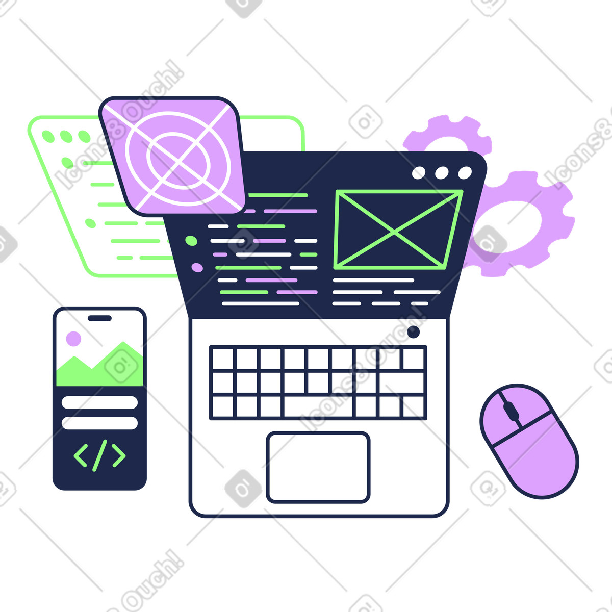 Laptop and mobile device with gears code, Cross-platform app engineering illustration in Outline style download in PNG, SVG